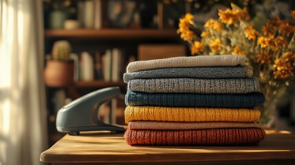 Poster - A stack of folded clothes on a wooden table with a handheld steamer in the foreground, bathed in warm sunlight.