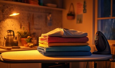 Poster - A stack of folded clothes on an ironing board with a handheld steamer, a lamp, and plants in the background, in a dimly lit kitchen.