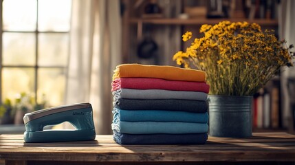 Poster - A stack of folded clothes sits on a wooden table next to a handheld steamer. A vase of flowers in the background.