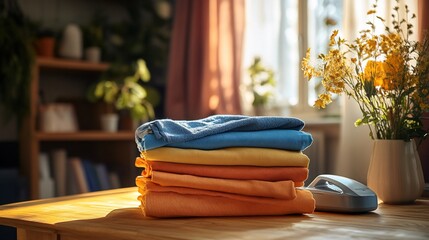 Wall Mural - A stack of folded clothes sits on a wooden table in a sunlit room.