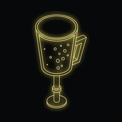 Poster - Neon yellow beer glass with bubbles standing on a tall stem isometric icon on black background