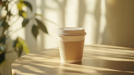 Fototapete - A takeaway coffee cup sits on a wooden table in a cafe, with sunlight streaming through the window, illuminating the scene.