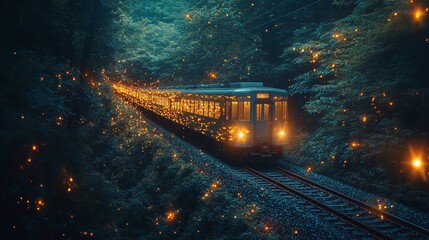 Poster - A train travels through a lush forest at night, surrounded by twinkling lights.