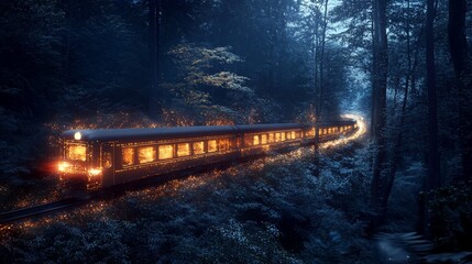 Poster - A train with glowing windows travels through a dark, misty forest.