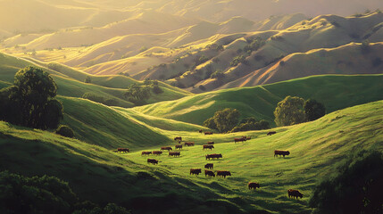 Poster - A herd of cows graze in a lush green valley with rolling hills and a golden sunrise in the distance.