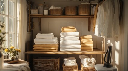 Poster - A well-organized closet with stacks of folded towels and linens on a wooden shelf with laundry baskets, a window, and an iron on a table.