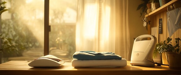 Poster - A white electric iron and folded clothing sits on a wooden table by a window, with the sun shining through.