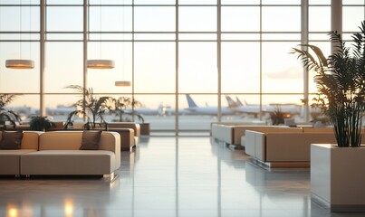 Poster - An empty airport waiting area with a view of airplanes on the tarmac.
