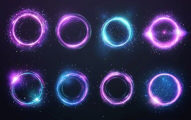 Poster - Colorful glowing circular light effects with sparkles on a black background for design projects
