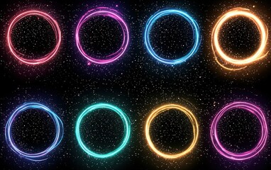 Poster - Colorful glowing circles on a dark starry background representing diverse magical effects and energy in a cosmic setting