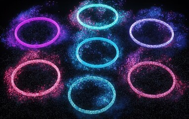 Poster - Colorful glowing rings surrounded by vibrant sparkles on a dark background, creating a fantasy-like atmosphere