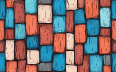 Poster - Colorful abstract pattern of textured blocks in shades of blue, orange, and cream arranged in a grid design