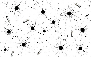 Aufkleber - Artistic representation of bullet impacts on a stark white background showcasing a dramatic contrast of black and white elements