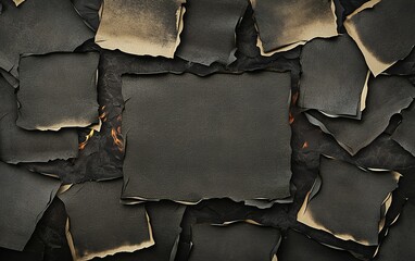Poster - Burnt and charred paper edges arranged in an artistic pattern on a dark background, creating a dramatic and captivating texture