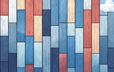 Poster - Colorful wooden wall with a patchwork design featuring blue, red, and beige planks under a partly cloudy sky