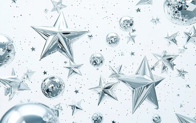Poster - Shimmering silver stars and decorative spheres floating against a light background during a festive celebration