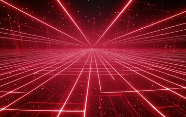 Poster - Red neon laser lines create an expansive grid illusion in a digital space filled with particles and depth perception