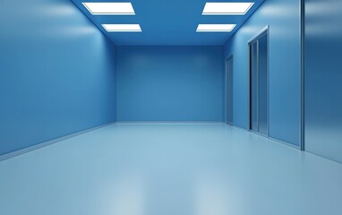 Poster - A minimalist blue corridor with smooth walls and ceiling, featuring evenly spaced lights, creating a calm atmosphere in a modern interior