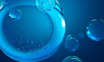Wall Mural - celestial spheres: abstract image of translucent, vibrant blue spheres floating in a deep blue liqui