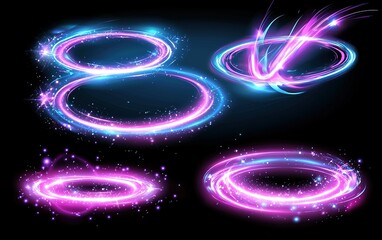 Poster - Colorful glowing rings with sparkles and dynamic lines in a dark background showcasing vibrant light effects