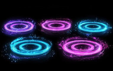 Poster - Colorful glowing rings of light with swirling patterns, illuminated against a black background, creating an enchanting visual effect