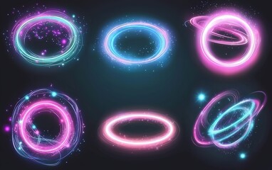 Poster - Colorful glowing rings in various shapes and sizes, showcasing dynamic energy and light against a dark backdrop
