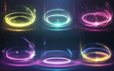 Poster - Bright and colorful swirling light effects in various hues on a dark background, perfect for digital art and design projects