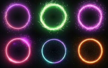 Poster - Brightly colored glowing circles with sparkles on a dark background for creative digital design