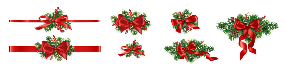 Wall Mural - Realistic pine tree branches with red bow and ribbons. Christmas tree decoration for holiday banners, party posters, cards, headers, social media. Transparent background in vector file.