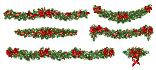 Wall Mural - Christmas tree garlands. Realistic pine tree branches with red bows and ribbons. Decoration for holiday banners, party posters, cards, headers, social media. Transparent background in vector file.