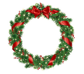 Wall Mural - Christmas tree wreath. Realistic pine tree branches with red bow and ribbons. Decoration for holiday banners, party posters, cards, headers, social media. Transparent background in vector file.