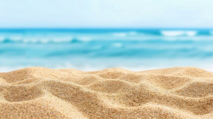 Wall Mural - A serene closeup of beach sand highlights unique grains, with a gentle ocean blur creating a peaceful seaside vibe.