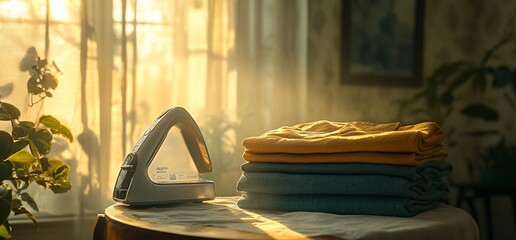Poster - Iron and folded clothes on a table in front of a window with morning light.