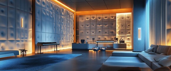 Poster - Modern interior design with white wall panels, a piano, and a couch.