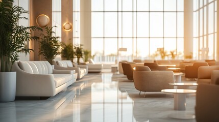 Poster - Modern lobby interior with white sofas, chairs, and large windows, sunlight streaming through.