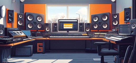 Poster - Modern music studio with large speakers and a computer with audio editing software on the desk.