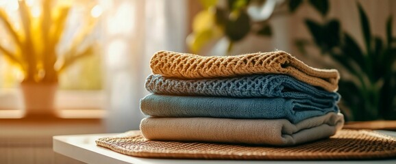 Poster - Stack of folded knitted fabric in warm tones on a table.