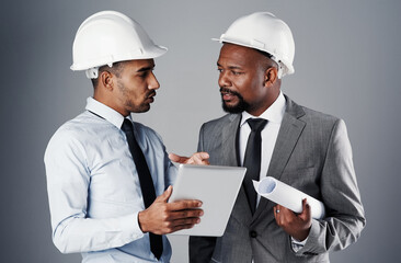 Aufkleber - Architect, men and discussion with tablet in studio for construction, research and renovation schedule. People, talking and online design, blueprint and floor plan for maintenance on gray background