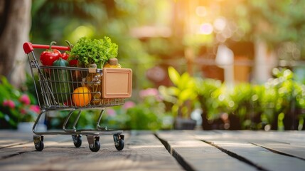 Canvas Print - Miniature shopping cart filled with fresh groceries in garden setting