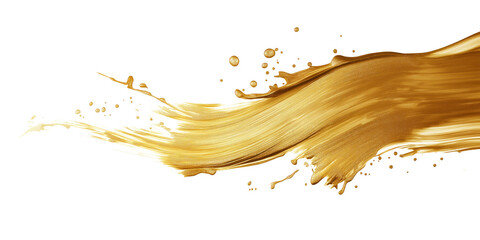 Poster - Gold paint brush stroke, splash isolated on isolated transparent background. Abstract art design. Liquid metal, shiny texture, golden grunge pattern. Use as element, banner, decoration, graphic. Png.