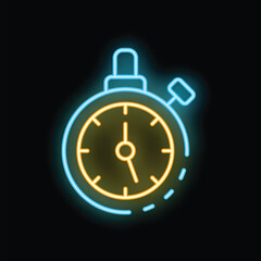 Poster - Neon stopwatch icon glowing against a dark background, representing the concept of time management