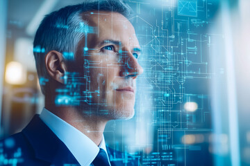 Poster - A suited man contemplates digital innovations and technology trends in a modern office setting