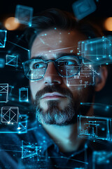 Poster - A man contemplates while digital data and graphics float around him in a contemporary office