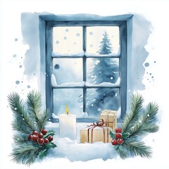 Christmas tree seen through a window covered with snow. Presents and a candle on a snowy windowsill, decorated with winter plants and red berries. Cozy winter scene.