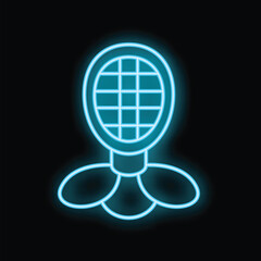 Poster - Blue neon sign of a table fan blowing fresh air on a black background