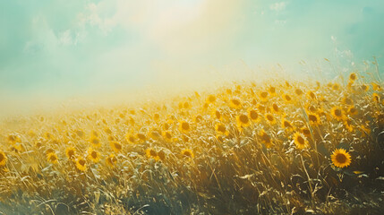 Wall Mural - A field of sunflowers swaying gently in the breeze under a bright sun.