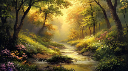 Wall Mural - A gentle stream flowing through a lush forest, creating a peaceful atmosphere.