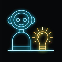 Poster - Neon robot character standing with bright light bulb glowing, symbolizing artificial intelligence and innovation in technology