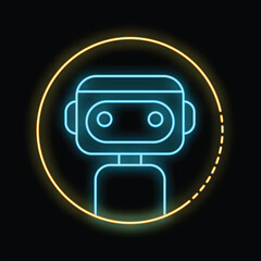 Poster - blue neon sign of a robot is glowing inside a yellow circle on a black background