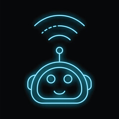 Poster - Neon blue robot head sending wireless signal icon, glowing bright on black background